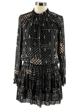 Current Air Black Long-Sleeve Ruffled Mini Dress Geometric Star Print Medium